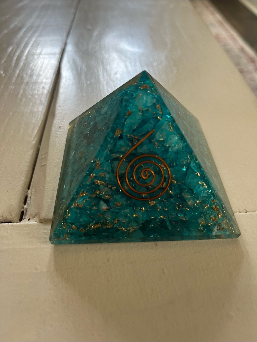 Teal Pyramid Resin Decorative Accent with Copper Spiral